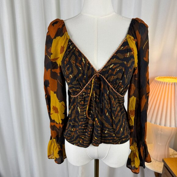 Anthropologie CONDITIONS APPLY Boho Statement Sleeves Smocked Peasant Blouse XS - Picture 2 of 7